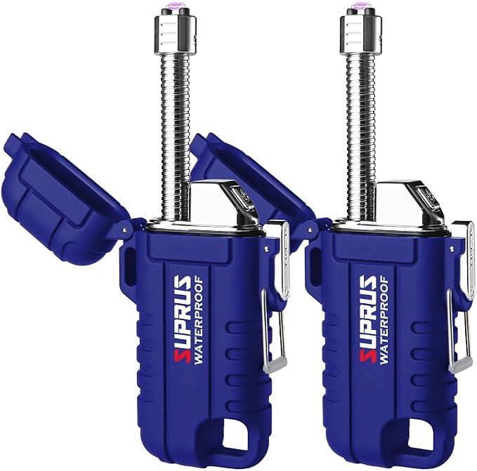 SUPRUS Waterproof Lighter Windproof Lighter Arc Plasma Lighters USB-C Rechargeable with Expandable and Flexible Neck for Outdoor, Camping & Kitchen (Blue, 2Packs)
