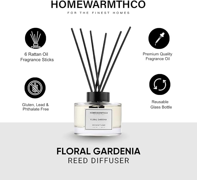 Gardenia Reed Diffuser Set – Premium Natural Fragrance Reed Diffusers for Home, Office, Bathroom, Kitchen, Shelf Décor Long-Lasting Scent with Non-Toxic Essential Oils Diffuser 5.63 oz, 160ml