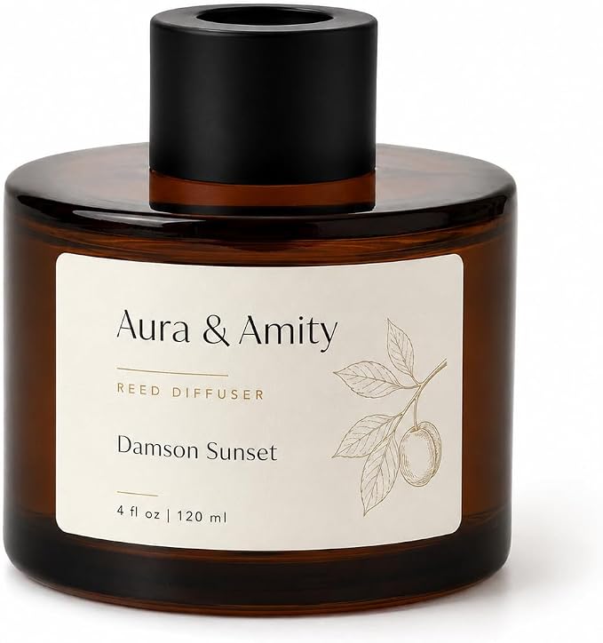 Aura & Amity Luxury Reed Diffuser Set - Damson Sunset Scented Oil Diffuser for Home, Bedroom & Bath - Long Lasting Clean Fragrance - Premium Summer Collection Room Decor & Housewarming Gift