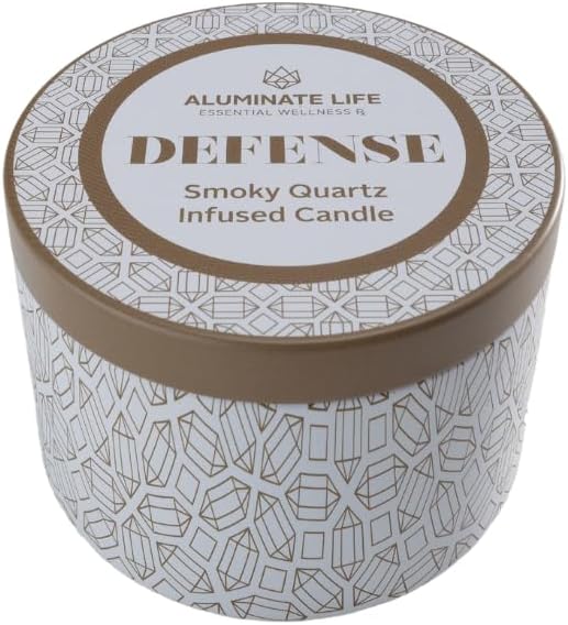 Luxury Candle Tin, 6 OZ, Defense - Smoky Quartz Crystal Infused - Scents of Frankincense, Neroli, & Sage - Detoxify, Ground, & Fortify - Coconut Wax Blend, Essential Oils