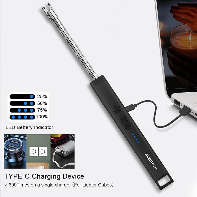 ARECTECH Candle Electric Lighter Rechargeable USB Arc Lighter for Candle Camping Fireworks Christmas Birthday Gifts with LED Light for Men Women Black