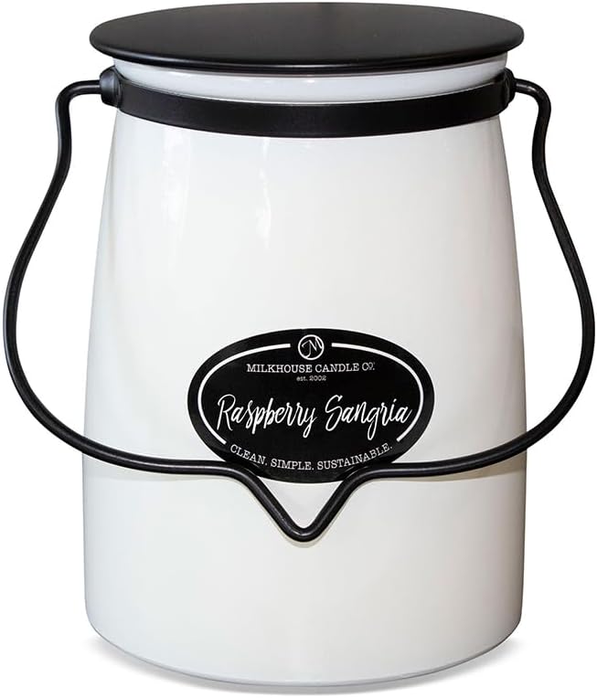 Milkhouse Candle Company Raspberry Sangria Soy Candle - Pink Rose | Rosewater | Pink Pear Scented - 22 oz Butter Jar with Lid, 120+ Hour Burn Time, Made in the USA