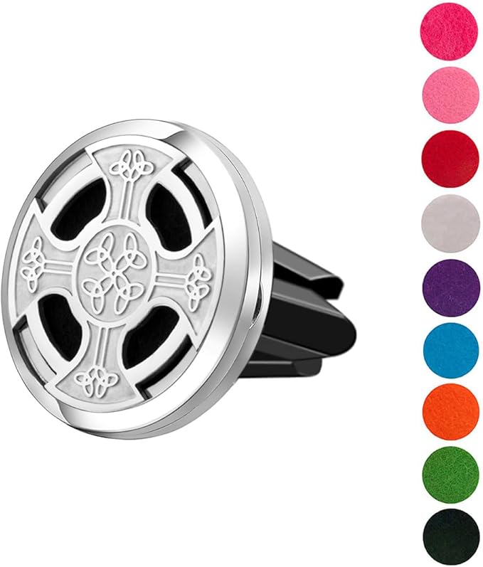 Wild Essentials Celtic Cross Car Vent Diffuser Kit – 316L Stainless Steel Locket, Rubber-Coated 4-Way Clip, 8 Color Pads (22mm), 25mm – Includes Alert & Inner Calm (2 x 10ml)
