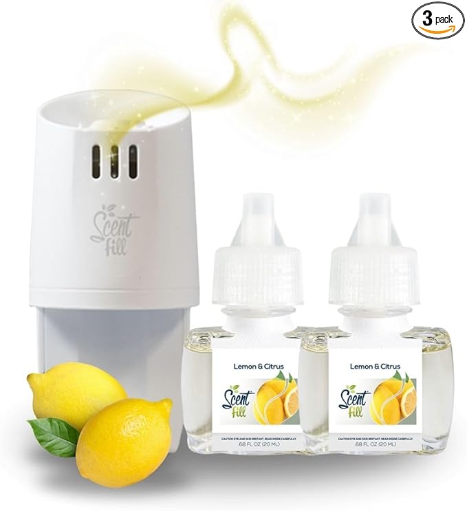 Scent Fill 100% Natural Lemon & Citrus Plug in Air Freshener, Scented Oil Refills, 2 Refills + Diffuser