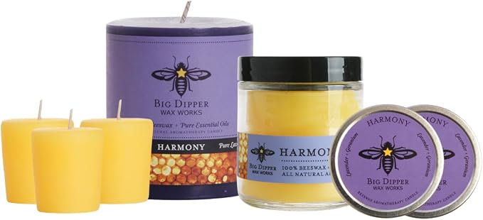 Big Dipper Wax Works Harmony Aromatherapy Candle, Pure Lavender, Pillar Candle for Relaxation & Stress Relief, Calming Floral Scent, 60-Hour Burn, Natural Beeswax & Essential Oils, 3” x 3.5”