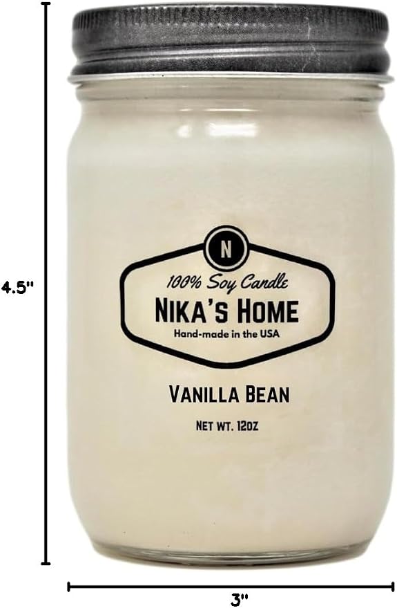 Nika's Home Vanilla Bean Soy Candle - 12oz Mason Jar - Non-Toxic - Hand Poured in The USA, Long Burning 50-60 Hours Highly Scented All Natural, Clean Burning