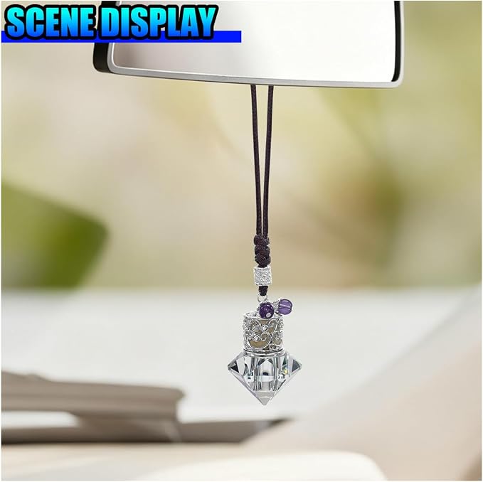 Hanging Car Essential Oil Diffuser Bottle, Crystal Diamond Car Rear View Mirror Charm, 8 ml Empty Glass Bottle Pendant, Elegant Auto Interior Decoration Accessories (Crystal)