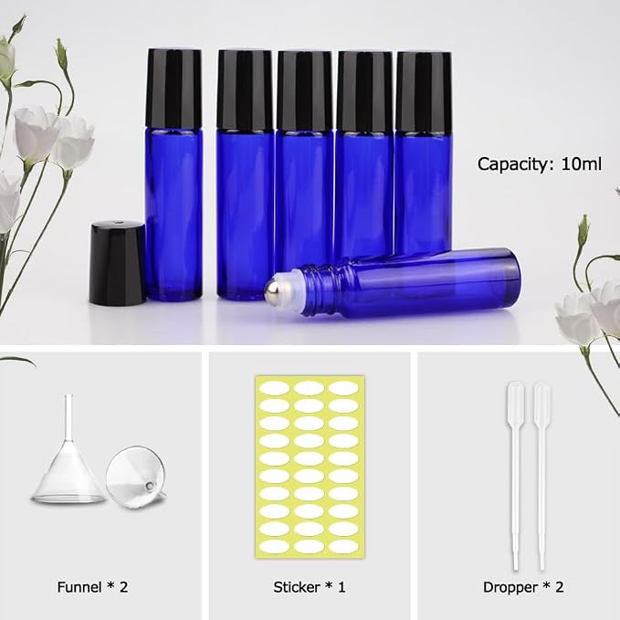 sungwoo 12 Pack Essential Oil Bottles, 10ml Blue Glass Bottles with Stainless Steel Roller Balls and Caps for Travel, Perfume and Lip Gloss