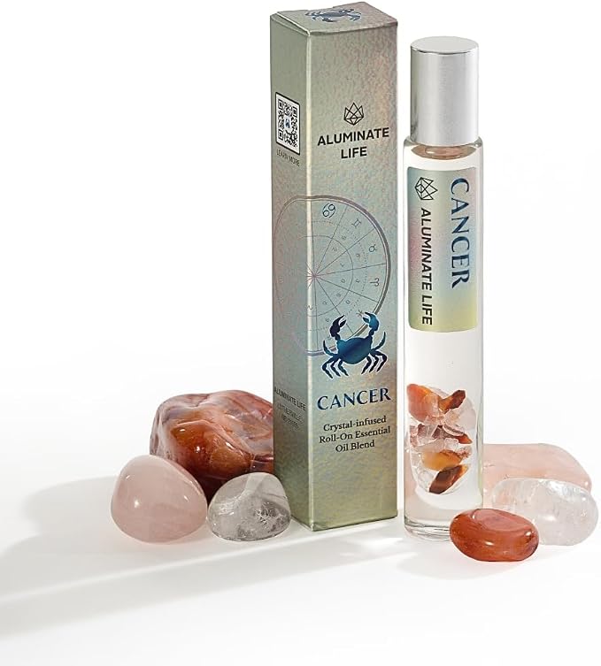 Cancer Zodiac Crystal-Infused Essential Oil Rollerball, Aromatherapy Blend - Comfort & Emotional Balance, Premium Astrology Sign Birthday Gift, Natural Therapeutic Roller, 10 mL