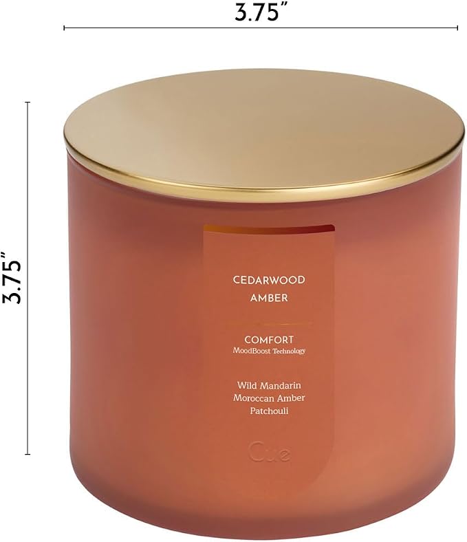 CUE Scented Candle |MoodBoost Essential Oils |OpenWick Clean Burning Candle | Soy Coconut Wax Blend | Candle for Home | Gift |Extended Burn Time (14oz, Cedarwood Amber)