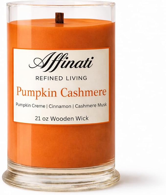 Affinati Pumpkin Cashmere Large Scented Candle, 21 oz Wooden Wick Tumbler – Highly Fragrant Extra Long Burning Cozy Fall Fragrance, Soy Blend