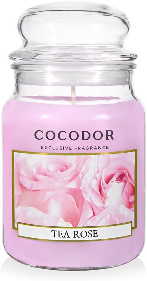 COCODOR Candle Tea Rose Scented, Large Glass Jar 18oz Wick Candle, 110 Hours of Burn Time