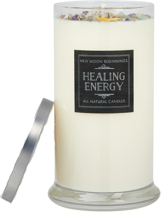 New Moon Beginnings Healing Candle - Negative Energy Cleansing - Soy Aromatherapy - Handmade with Crystals & Herbs - 21oz Glass Jar