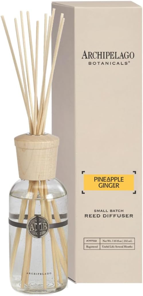 Archipelago Botanicals Pineapple Ginger Reed Diffuser, Home Fragrance Reed Diffuser, Includes Fragrance Oil, Decorative Wooden Cap & 10 Diffuser Reeds, Perfect for Home, Office or Gift, 7.85 fl oz