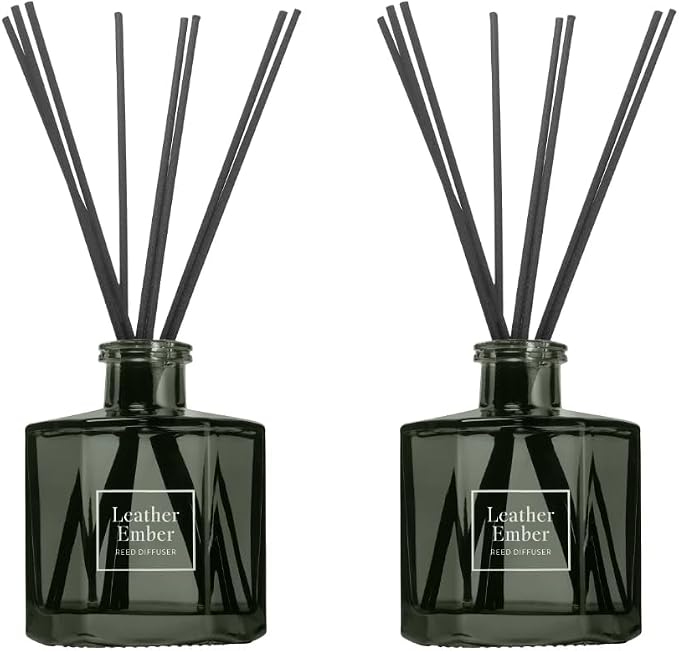 Bellevue Diffuser, 6 fl oz Glass Filled Diffuser, Highly Concentrated Fragrances with Essential Oils, Home Fragrance, Scent: Leather Ember (Pack of 2)