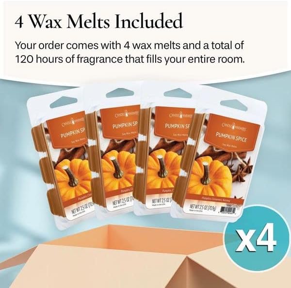 Candle Warmers Etc Classic Wax Melts 2.5oz, Pumpkin Spice Fragrance (4-Pack) – Each Pack has x4 2.5 oz Wax Melts and 30 Hours of Fragrance – Perfect for bedrooms, Living Rooms, and bathrooms