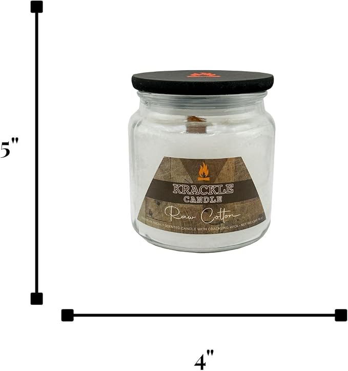 Krackle Candle | Raw Cotton | 16 oz Scented Candle with Natural Crackling Wooden Wick | Poured in the USA | Clean Cotton, Green Rose & Bergamot Fragrance