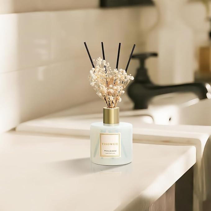 Diffusers for Home 6.76 fl oz（200ml）, YISOWUH White Jasmine Reed Diffuser Set Oil Diffusers with 8 Reed Sticks, Long Lasting Fragrance for Home Decor, Bathroom, Bedroom, Gifts