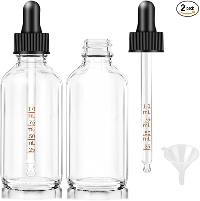 Bumobum 2 pack Dropper Bottle 2 oz, Clear Glass Eye Dropper Bottles for Essential Oils with Labels and Funnel, Leakproof Tincture Bottles with Measured dropper