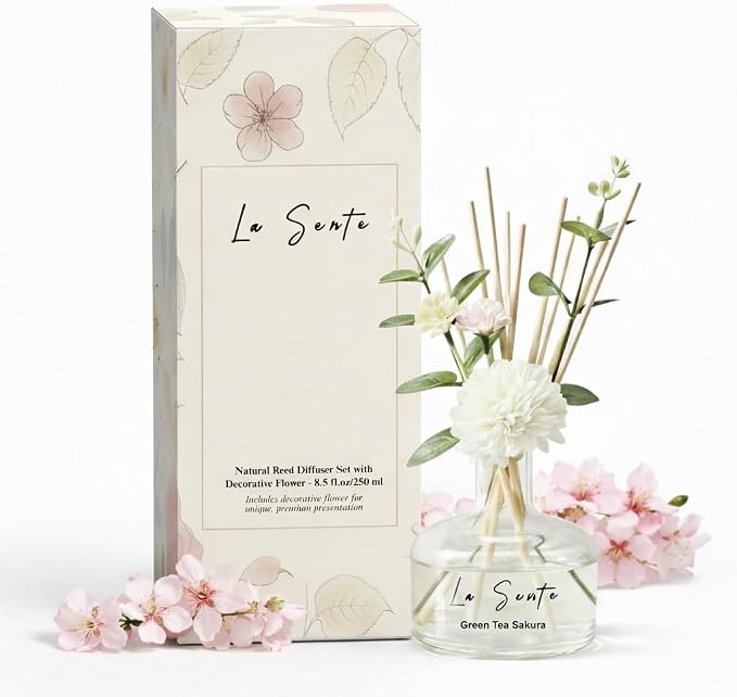 Green Tea Sakura Reed Diffuser Set, 8.5 fl oz/ 250ml | 8.5 fl oz, Flameless, Decorative Flower & Natural Sticks, Elegant Glass Bottle, Bathroom, Bedroom, Office