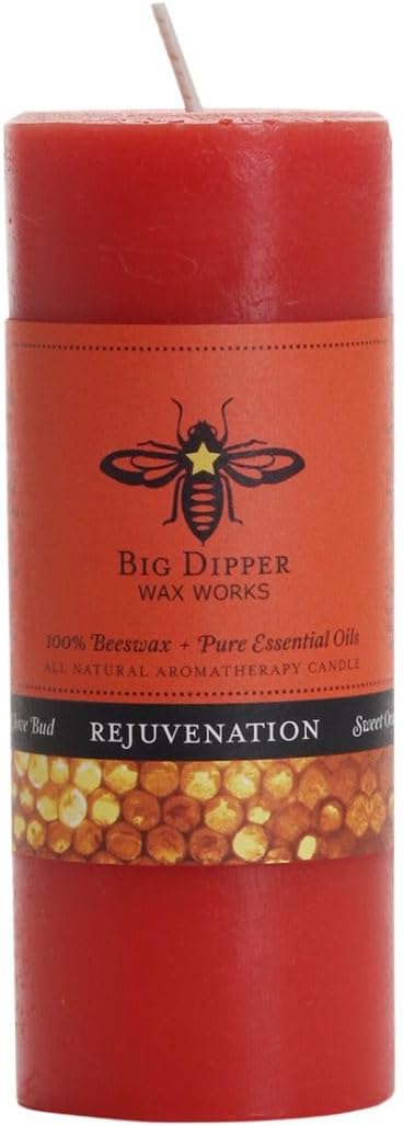Big Dipper Wax Works Beeswax Aromatherapy Candle, Rejuvenation, Pillar Candle, Sweet Orange & Clove Bud Scented, 40-Hour Burn, Pure Essentail Oils, 2" x 4.75"