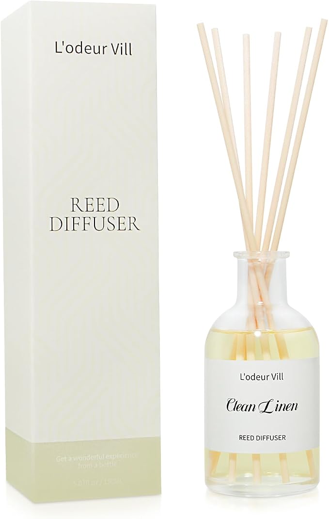 L'odeur Vill Reed Diffuser Set, 5.07 fl oz(150ml) Clean Linen Reed Diffuser for Home Bathroom Diffuser with Long Lasting Scent Diffuser with 6 stricks Shelf Decor