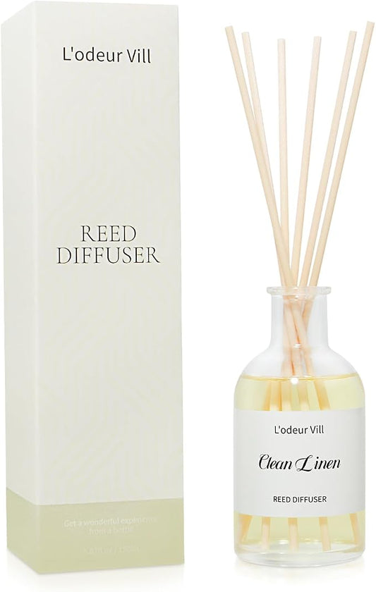 L'odeur Vill Reed Diffuser Set, 5.07 fl oz(150ml) Clean Linen Reed Diffuser for Home Bathroom Diffuser with Long Lasting Scent Diffuser with 6 stricks Shelf Decor