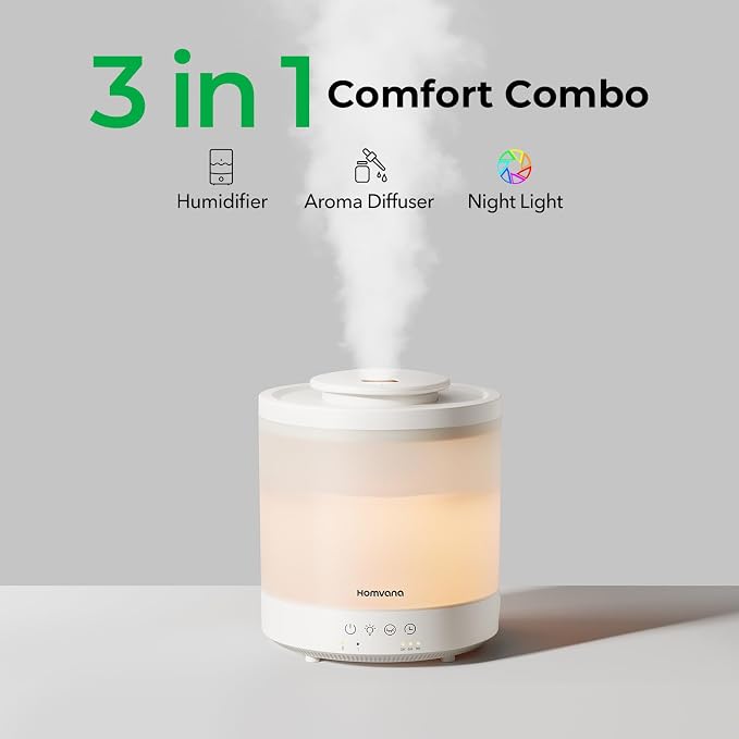 [2 Packs] Homvana 1.5L Cool Mist Top Fill Humidifiers for Bedroom & Baby Nursery, 3 in 1 Ultrasonic Humidifier & Oil Diffuser for Congestion Relief, 28dB Quiet, Night Lights for Home Plants Offices