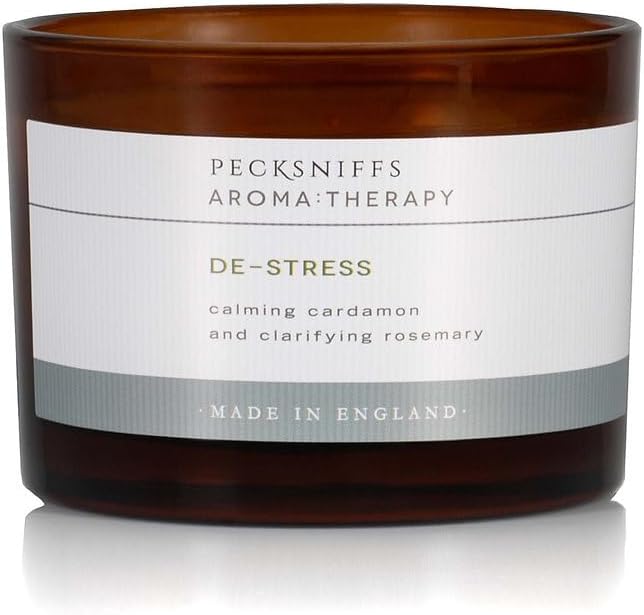 Pecksniff's Aromatherapy De-Stress Candle, 3-Wick, Cardamon & Rosemary, Premium Wax, 285g/10oz, Spicy Pine Scent, Eco-Friendly, Long-Lasting for Relaxation