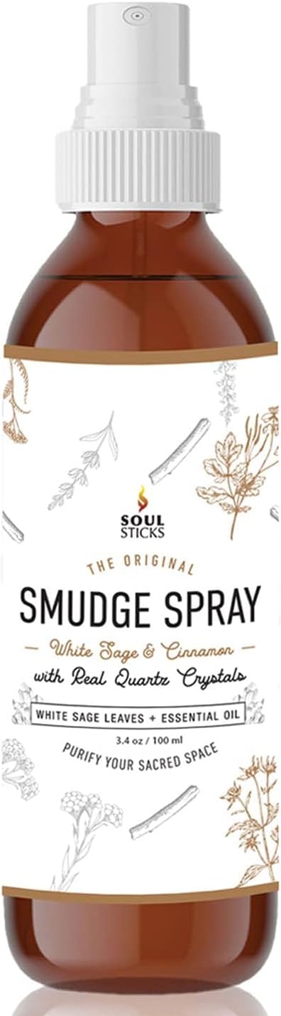 SOUL STICKS White Sage & Cinnamon Smudge Spray – 3.5oz Smokeless Energy Mist with Quartz Crystals – Non-Toxic Cleansing Spray for Aura, Home, Car, Meditation, Yoga, Stress Relief & Protection