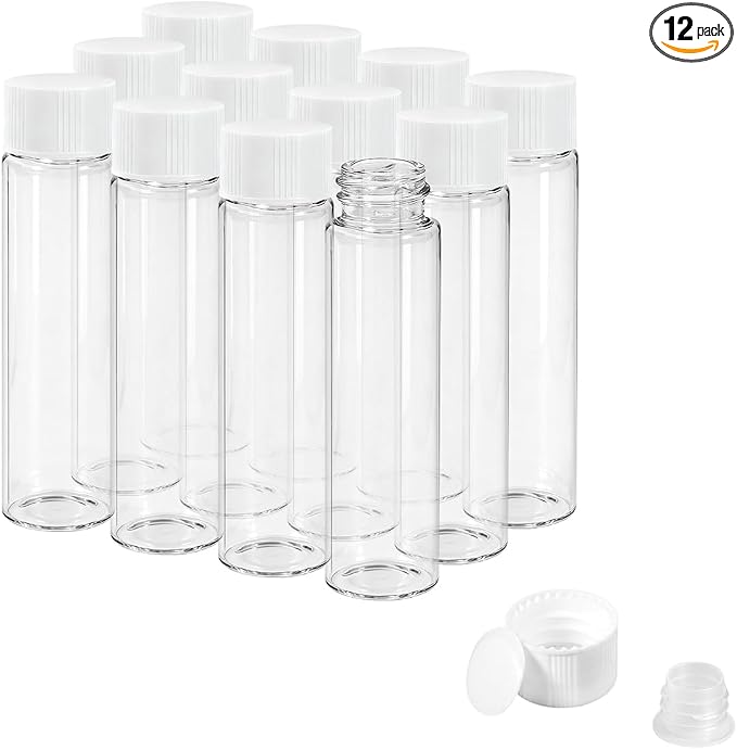 20ml Clear Glass Vials with Screw Caps and Plastic Stoppers, Small Liquid Sample Vial, Leak-Proof Vial, 12PCS(White Cap)