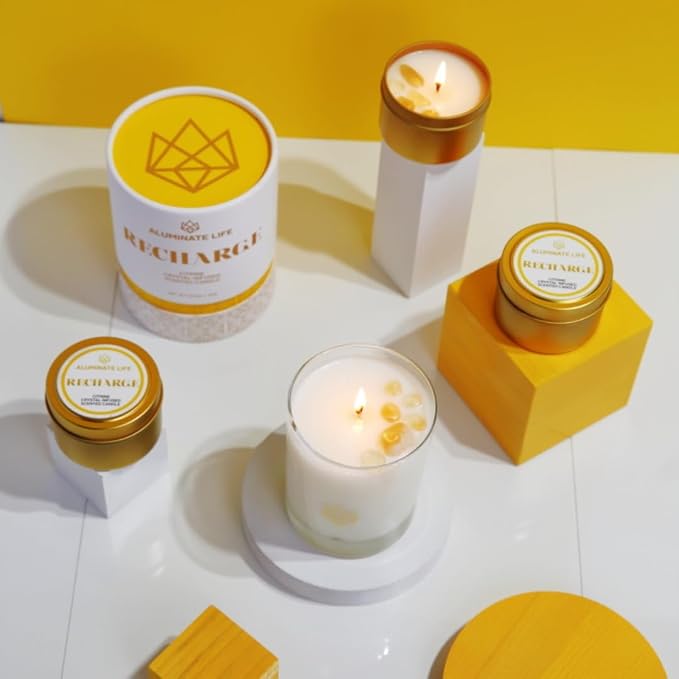Luxury Candle Tin, 6 OZ, Recharge - Citrine Crystal Infused - Scents of Lemongrass, Geranium, and Basil - Happiness, Manifestation, & Abundance - Coconut Wax, Essential Oils