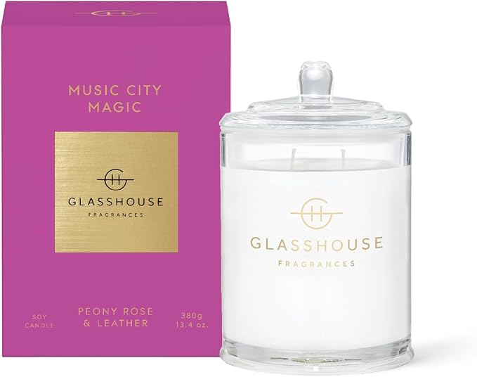 Glasshouse Fragrances Music City Magic Candle, Triple Scented Natural Soy Wax Blend, 2 Wicks & Glass Jar, 65 Hour Burn Time, Peony Rose & Leather, 13.4 oz. (380g)