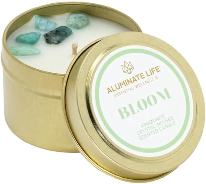 Luxury Candle Tin, 4 OZ, Bloom - Amazonite Crystal Infused - Scents of Lavender, Neroli, and Jasmine - Hope, Discovery, & Growth - Coconut Wax Blend, Essential Oils, Dr. Developed