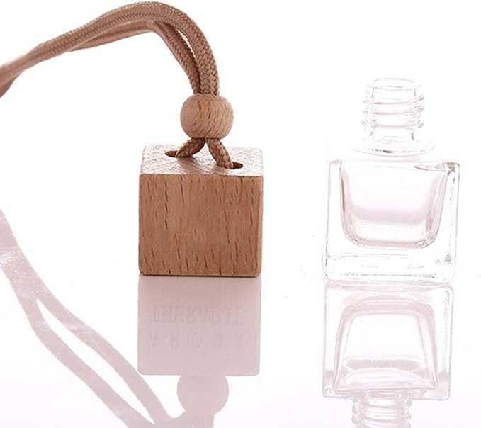 10 Pcs 8ml Car Air Freshener Ornament,Empty Clear Glass Essential Oil Diffuser Perfume Aromatherapy Pendant Vials with Wooden Caps & Hanging String-Free 1 Funnel&Dropper