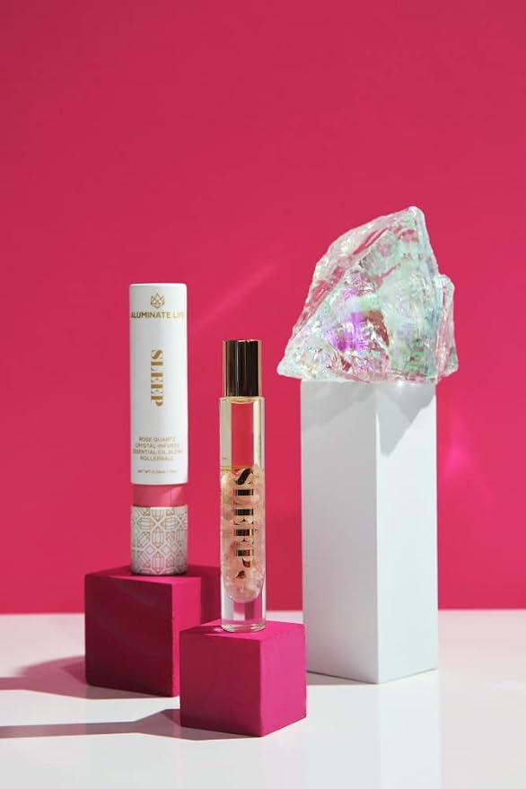 Essential Oil Rollerball - Sleep, 0.34 oz – Rose Quartz Crystal Infused Roll On with Rose, Lavender & Vanilla – Aromatherapy Blend, Vegan, Made in USA, Gift Ready