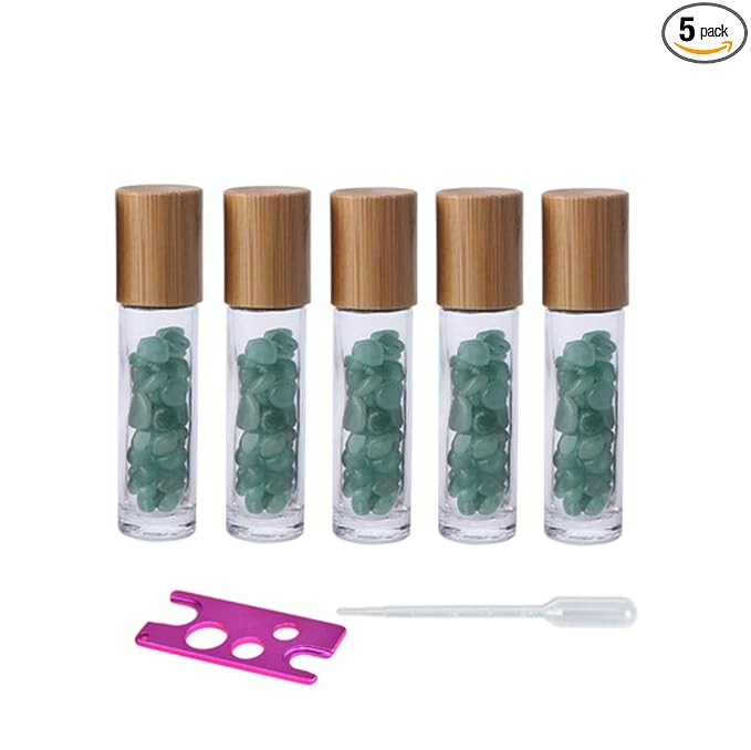 5 Pack 10ml Clear Roll On Bottles With Natural Chakra Crystal Chips for Essential Oils,Perfume Glass Roller Bottles Container Bamboo Lid,Crystal Roller,Pipette&Opener Included (Green Aventurine)