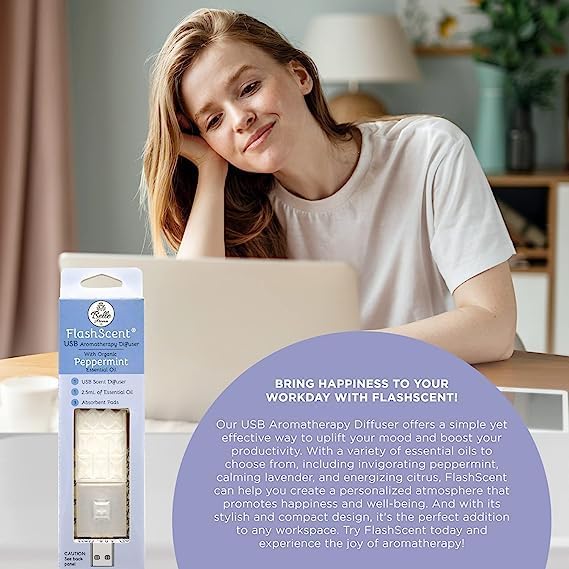 Belle Aroma® FlashScent™ Aromatherapy Diffuser USB – Portable Essential Oil Diffuser for Car, Office Desk & Travel – Waterless Mini Air Diffuser Kit with Peppermint & Lavender Oil & 7 Refill Pads