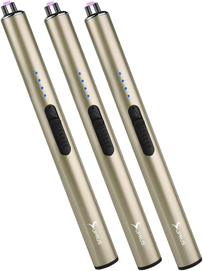 SUPRUS Electric Arc Windproof Flameless USB Rechargeable Lighter with Safety Lock for Candle (Champagne Gold, 3 Packs)