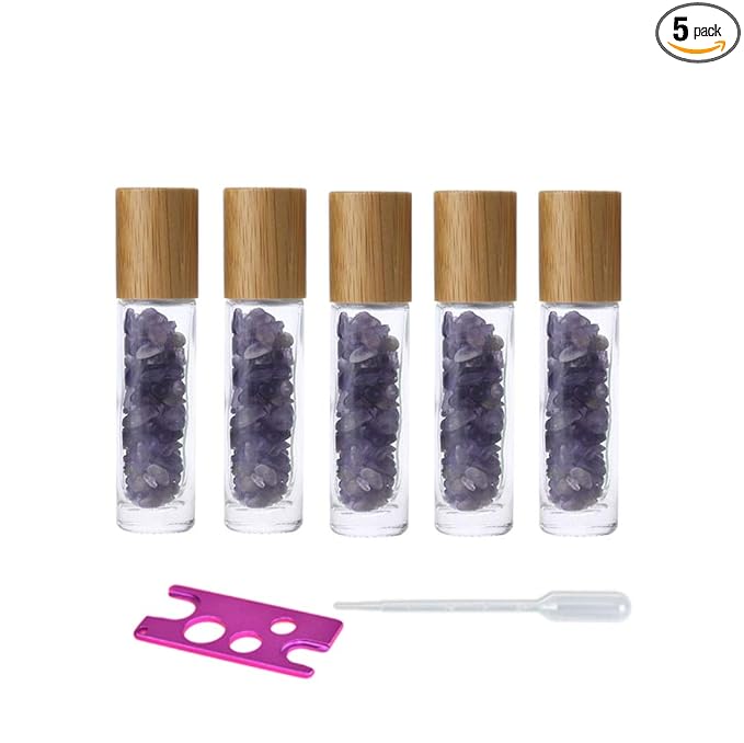 5 Pack 10ml Clear Roll On Bottles With Natural Chakra Crystal Chips for Essential Oils,Perfume Glass Roller Bottles Container Bamboo Lid,Crystal Roller,Pipette&Opener Included (Amethyst)