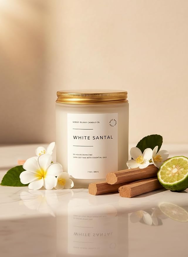 White Santal Scented Candle for Home | Natual Soy Wax | 50 hrs Burn Time | Hand Poured in Small Batches | Premium Fragrance