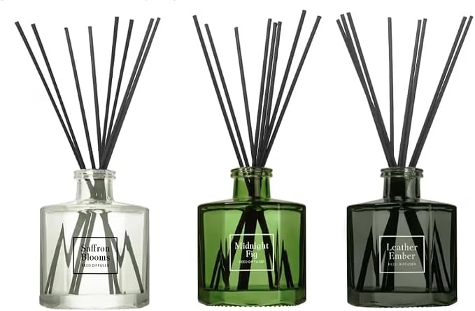 Bellevue Reed Diffuser Set, Three 6 fl oz Glass Filled Diffuser, Highly Concentrated Fragrances with Essential Oils, Home Fragrance (Leather Ember, Midnight Fig, Saffron Blooms)