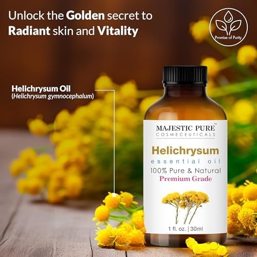 Majestic Pure Essential Oil with Glass Dropper - 100% Pure and Natural - Essential Oils for Diffuser, Aromatherapy, Soap and Candle Making, Helichrysum Essential Oil, Helichrysum Oil, 1 Fl Oz