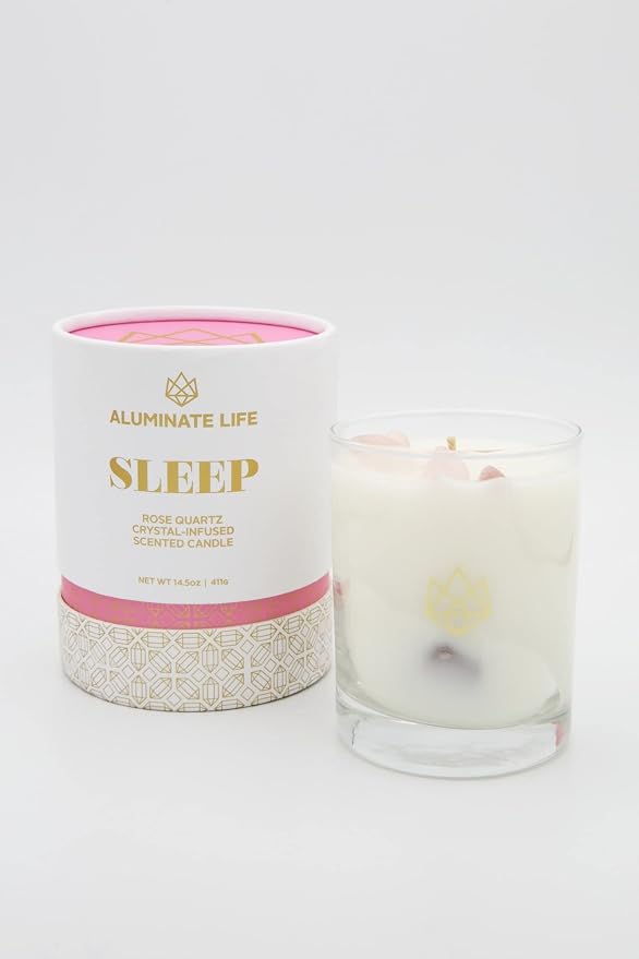 Luxury Glass Jar Candle, 14.5 OZ, Sleep - Rose Quartz Crystal Infused - Scents of Rose, Lavender, and Vanilla - Tranquility, Love, & Comfort - Coconut Wax, Valentine's Day Gift
