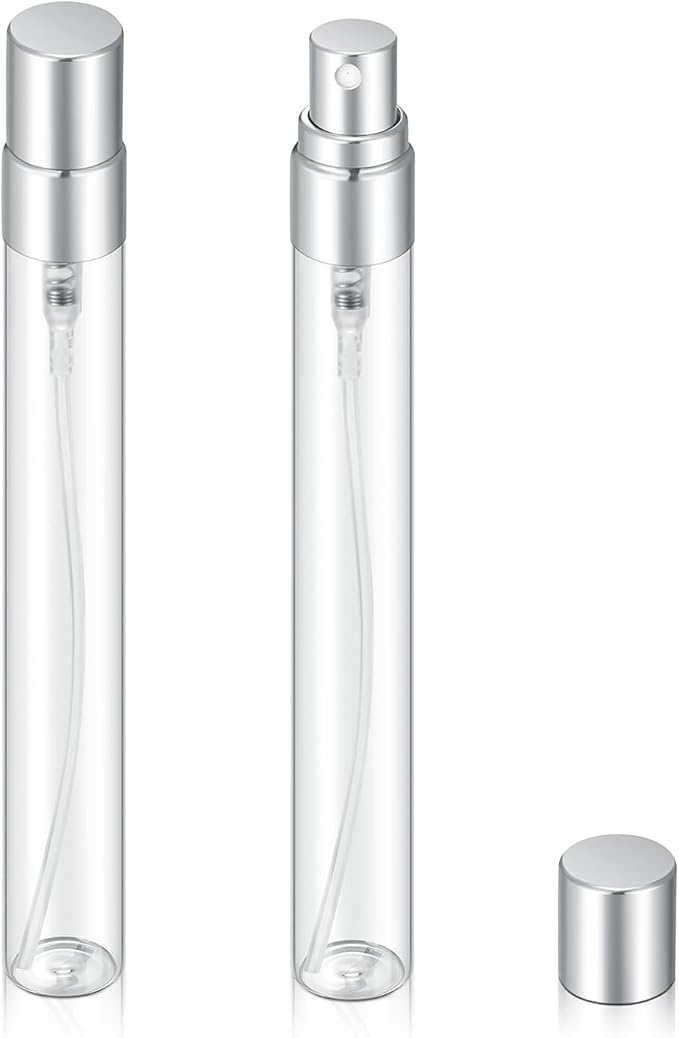 20Pcs 10ml Empty Clear Glass Mist Spray Bottle Refillable Mini Perfume Atomizer Travel Sample Bottle with Silver Aluminized Nozzle Makeup Container for Perfume (10ml Silver Caps)