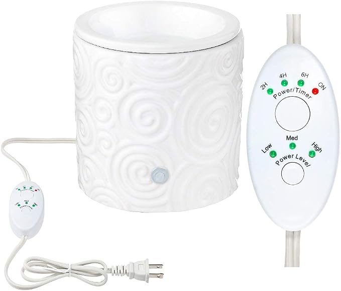 White Swirl Ceramic Candle Warmer Electric with Safety Timer | Automatic Plug in Fragrance Warmer for Scented Wax Melts, Cubes, Tarts | Air Freshener Set for Home Décor, Office, and Gifts
