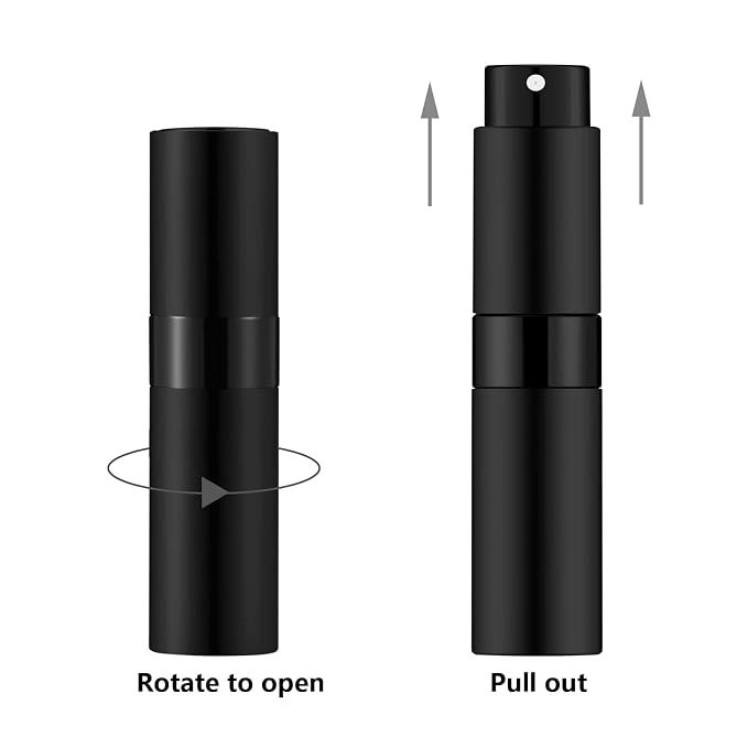 Lil Ray 8ml Portable Mini Perfume Atomizer(4 PCS)，Refilable Empty Small Spray Bottle for Travel, Twist Type Pocket Cologne Sprayer (Matte Black)