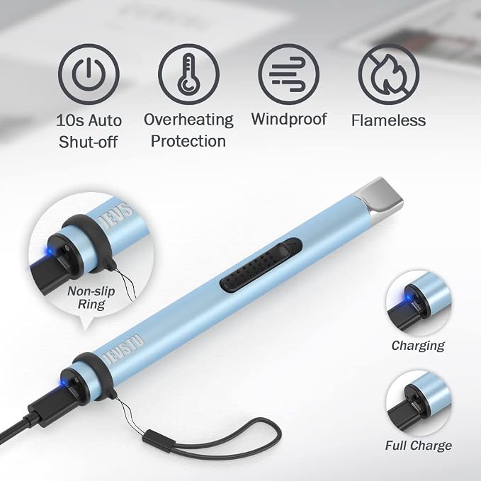 Electric Candle Lighter - Rechargeable USB Arc Windproof Flameless Plasma Lighter with Long Stick, Rope and Ring - No Butane Fluid - Perfect for BBQ, Camping, Kitchen Stove - Blue
