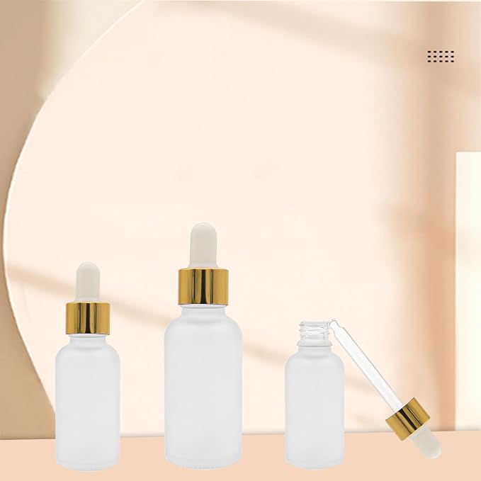 12 Pack,Clear Frosted Glass Dropper Bottle for Essential Oils,Empty Glass Liquid Holder With Glass Eye Dropper,Golden Caps Travel Perfume Cosmetic Container-Pipette&Funnel included (30ml/1oz)