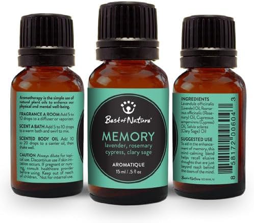 Best of Nature Memory Essential Oil Blend – 100% Pure for Diffuser, Aromatherapy & Focus – Herbal, Refreshing Scent with Lavender, Rosemary, Cypress & Clary Sage